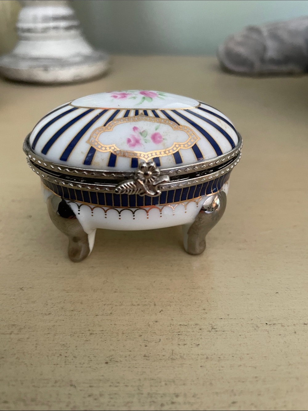 Porcelain Trinket Box with Blue Stripes and Pink Roses